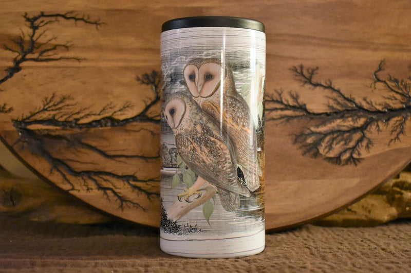 Pre-Designed 12oz Slim Can Coozie Wood Background 2 Owls