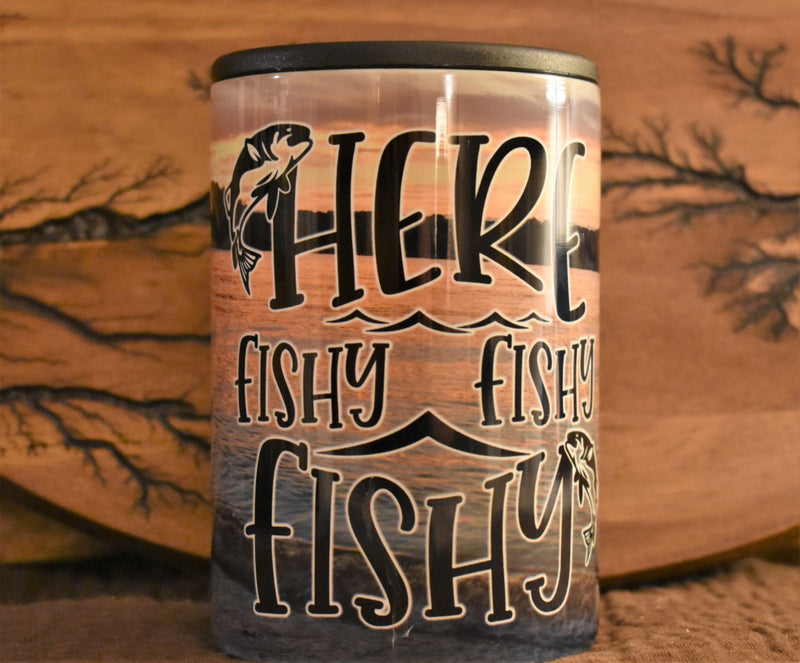 Pre-Designed 12oz Can Coozie Lake Sunset Here Fishy