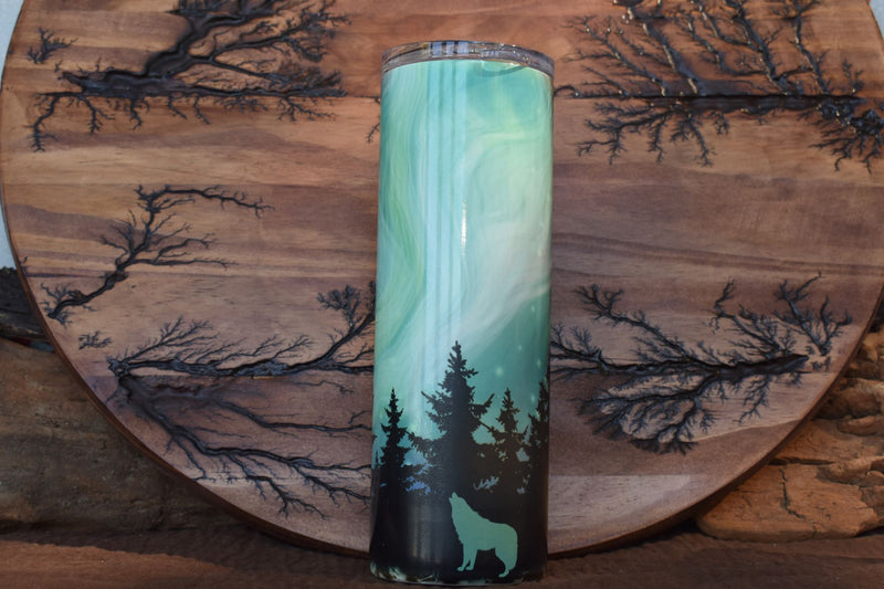 Pre-Designed 20 oz Tumbler Northern Lights with Wolf